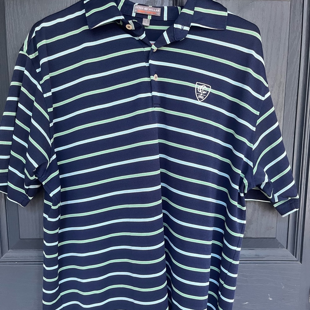 Peter Millar Blue Polo with Green and White Stripes